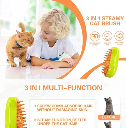 3-in-1 Electric Pet Grooming Steam Brush – Massage, Shedding & Spraying Tool